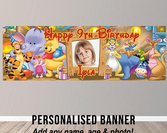 Personalised Winnie The Pooh Cartoon Inspired Photo Birthday Banner Party Poster Backdrop