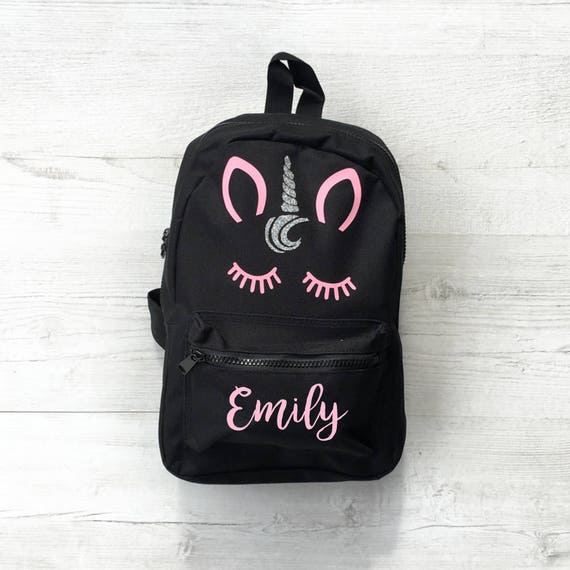 Personalised Pink Unicorn Black Mini Kids Childs Backpack Girls School Bag
