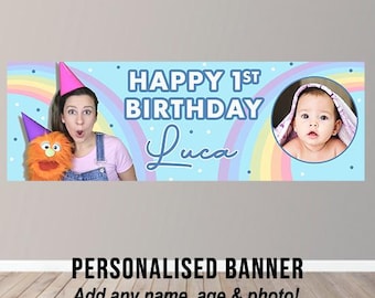 Personalised Ms Rachel Boys Photo Birthday Banner Party Poster Backdrop Pink Pastels