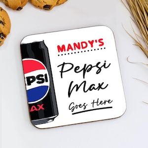 May include: Square coaster with a white background and a black, red, and blue Pepsi Max can graphic. The text "MANDY'S" is in red, and "Pepsi Max Goes Here" is in black.