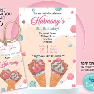 Ice Cream Birthday Invitation Template Printable, Personalised Ice Cream Personalized Digital Custom Editable Party Invites, Thank You Tags