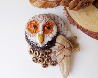 Owl Needle Felted Beaded Ceramic Brooch, Bird Brooch, Owl Pin, Owl Jewelry, Mixed Media Owl Bird Brooch