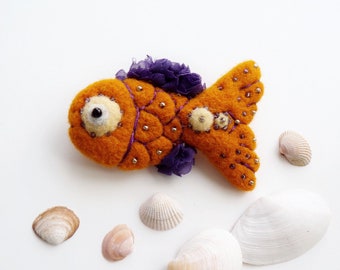 Fish Needle Felted Beaded Brooch Yellow Purple, Fish Pin, Yellow Fish Brooch, Felt Fish Brooch, Handmade Brooch Fish