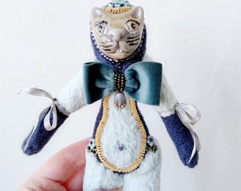 Mixed Media Art Doll Cat, Art Doll Animal Cat OOAK, Textile Cat Doll