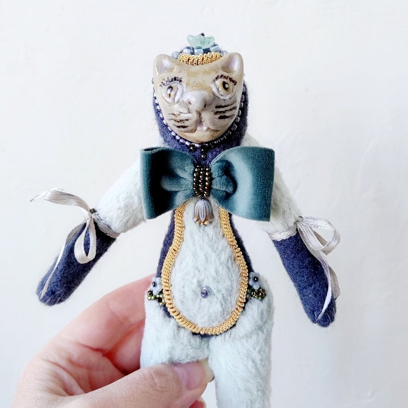 Mixed Media Art Doll Cat, Art Doll Animal Cat OOAK, Textile Cat Doll image 1