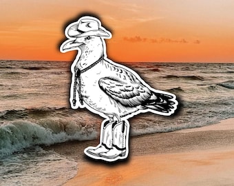 Coastal Cowboy Vinyl Sticker, Cowboy Seagull Sticker, Laptop Decal, Cooler Sticker, Waterproof Sticker, Dishwasher Safe, Summer Sticker
