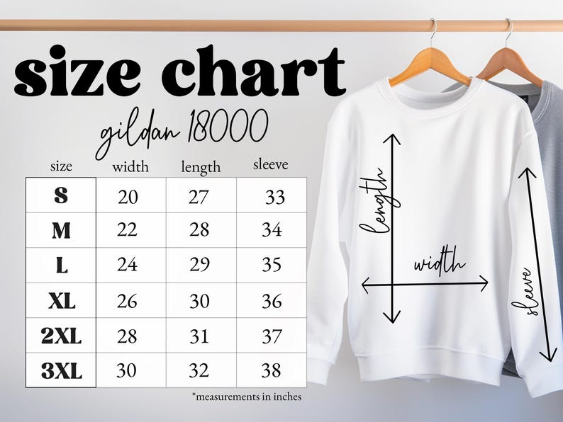 Puede incluir: Tabla de tallas para sudaderas Gildan 18000, que muestra las medidas en pulgadas para el ancho, la longitud y la longitud de la manga para las tallas S, M, L, XL, 2XL y 3XL.