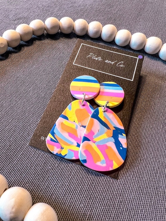 Multicolor Tiedye and Striped Statement Clay Earrings