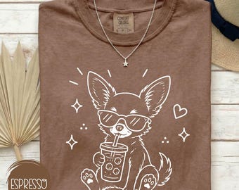 Chihuahua Iced Coffee Graphic Tee, Minimalist Line Art Dog Comfort Colors Shirt