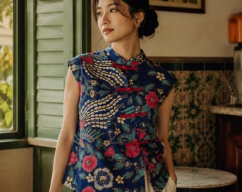 Sutera Blue Malaysian Batik Qipao Blouse, Handmade Modern Cheongsam Top