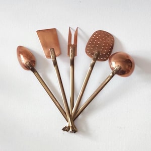 5 copper and brass utensils , french vintage, farmhouse wall decor, country kitchen, cottage decor,