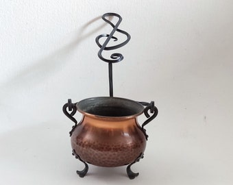 Cauldron copper planter, french hammered copper, wall hanging planter, little copper cauldron, wrought iron musical note, indoor garden,