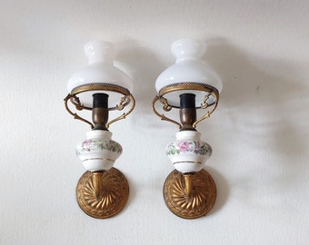 Milk glass and ceramic sconces, vintage french lighting, french decor, floral ceramic wall sconces.