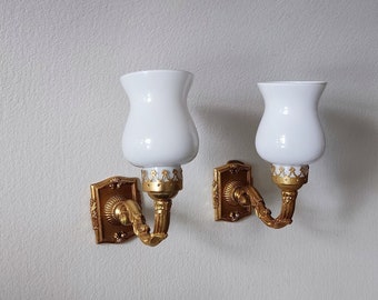 Milk glass wall sconces , french decor, art deco, wall lighting, milk glass, vintage lighting, home decor, mid century, brass sconce