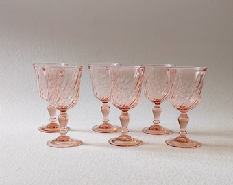 6 stemmed glasses, vintage french, salmon pink stemware.