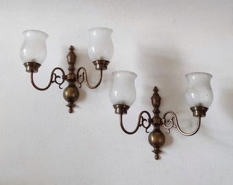 Brass double sconces, vintage dutch, wall decor, smoked glass.