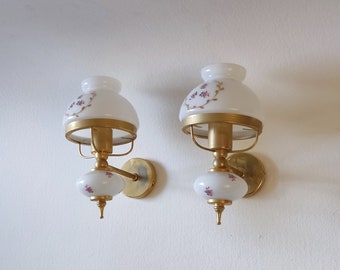 Milk glass floral sconces, french vintage, elegant wall decor, vintage brass lighting, mid century sconces