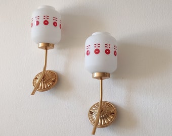 Frosted glass wall sconces, vintage french, retro lighting, red and white.