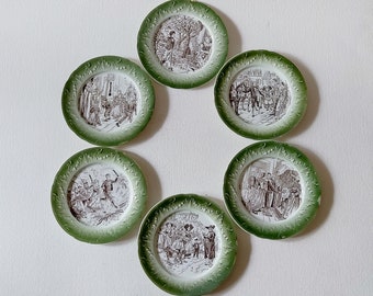 Green decorative plates, vintage french, ironstone transferware dishes.