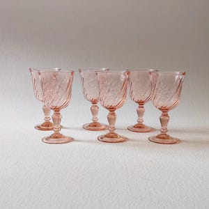 6 stemmed glasses, vintage french, salmon pink stemware.
