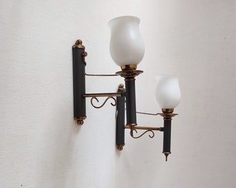 Vintage torch wall light, french decor, milk glass sconces.