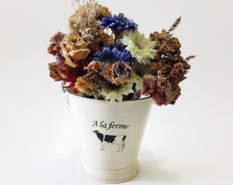 Vintage zinc bucket, french farm house decor, bucket with handle, zinc container, cow decor, farmhouse, garden ornament, planter pot