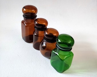 4 apothecary bottles, belgium vintage, green glass, bathroom decor, brown bottles, bottle art, collectible bottles, vintage apothecary