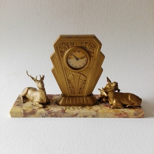 French vintage art deco clock fireplace decor, unique clock french design, mid century clock deer decor, antique clock marble art home decor image 1