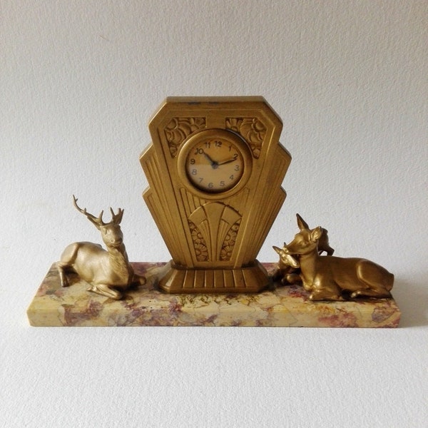 French vintage art deco clock fireplace decor, unique clock french design, mid century clock deer decor, antique clock marble art home decor