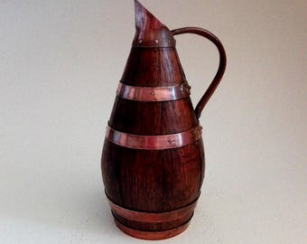 Wooden French wine jug, vintage cottage decor, wood and copper jar, vintage wooden jar wine, french barrel pitcher, wine wooden jug pitcher