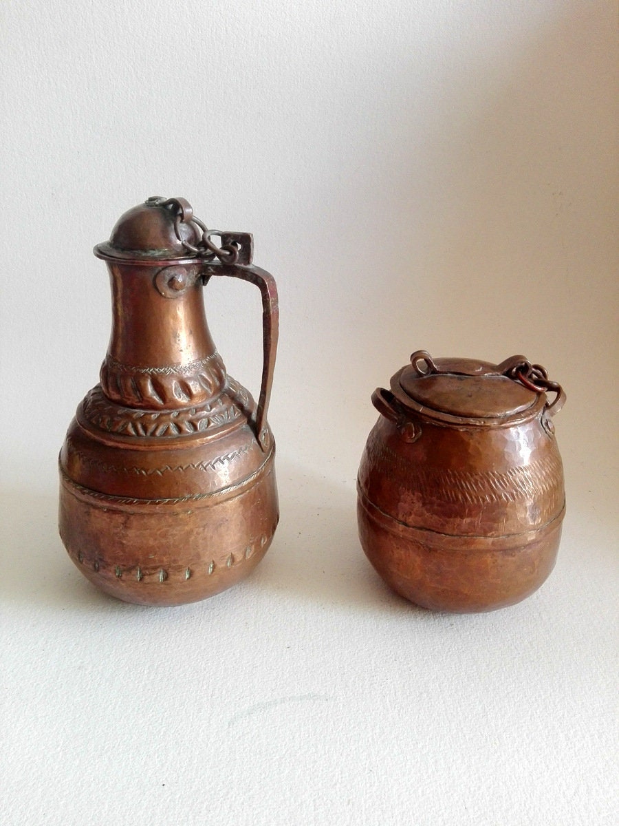 Coquemar et Pot à Grains Andalous, Cuivre Martelé, Xviii Siècle, Déco Ferme, Maison de Campagne, Ant