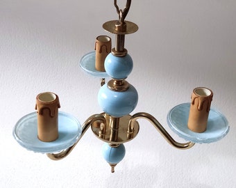 Blue milk glass chandelier, vintage french, retro lighting.