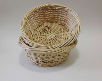 Two woven wicker baskets, vintage french, home decor, vintage wicker, kitchen storage, vintage food storage.