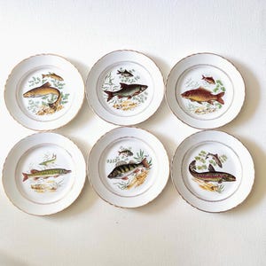 Assiettes à poisson en porcelaine, français vintage, porcelaine Moulin des Loups.