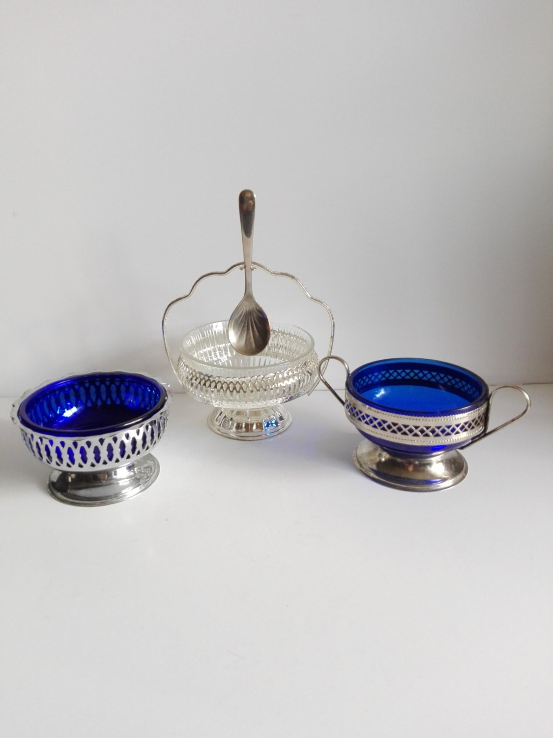 Compotiers ou Sauciers Anglais en Métal Argenté et Récipients Verre, English Vintage, British Sugar 