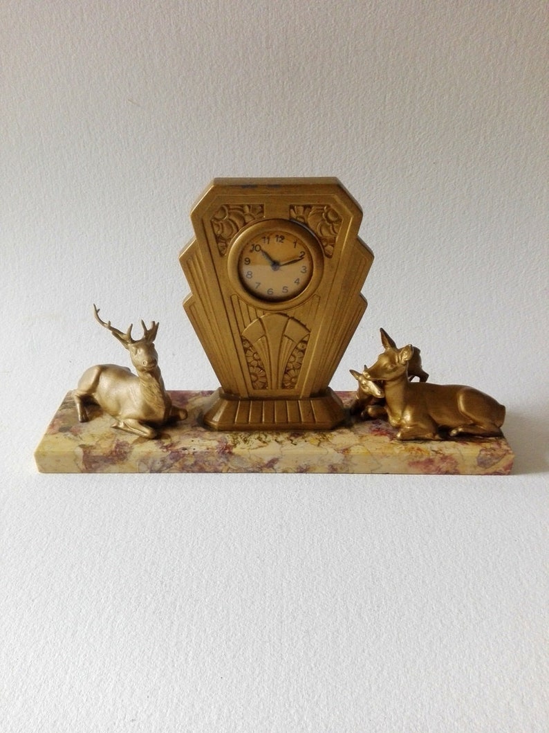 French vintage art deco clock fireplace decor, unique clock french design, mid century clock deer decor, antique clock marble art home decor image 1