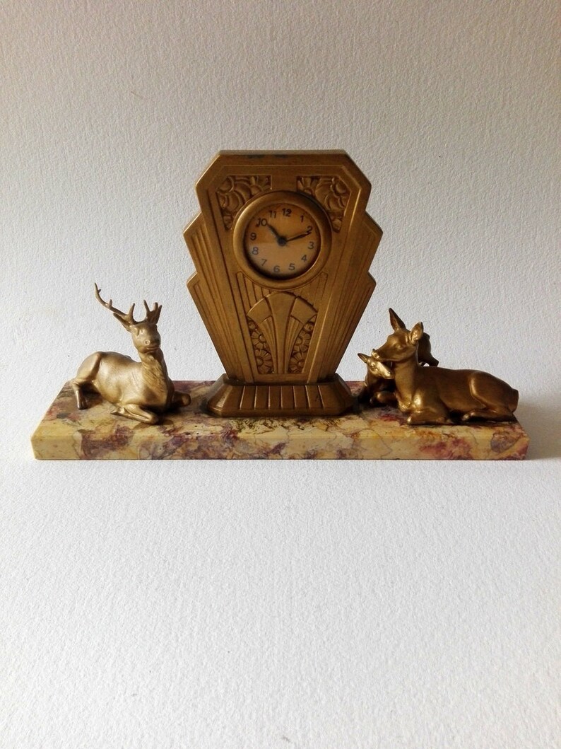 French vintage art deco clock fireplace decor, unique clock french design, mid century clock deer decor, antique clock marble art home decor image 3