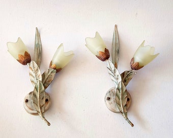 Italian floral sconces, frosted glass, vintage wall decor.