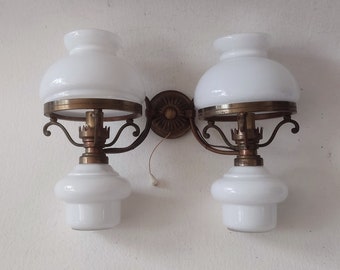 Double milk glass sconce, vintage french, sconces oil lamp style.