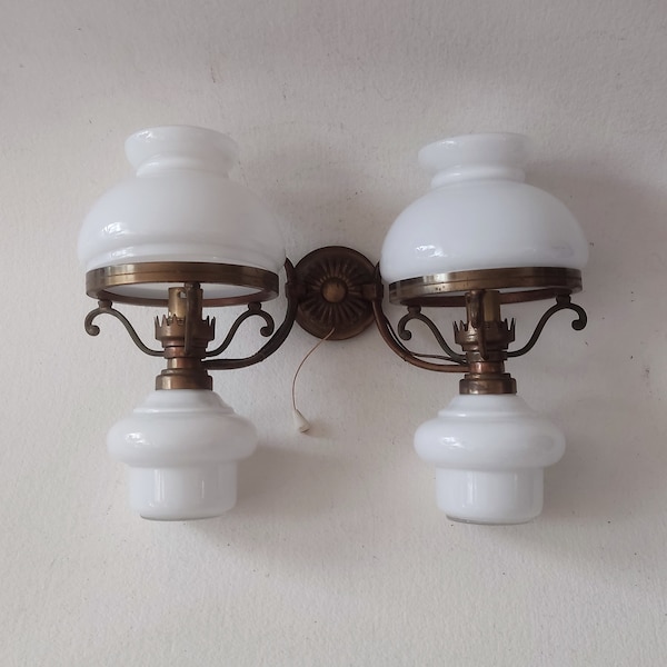 Double milk glass sconce, vintage french, sconces oil lamp style.