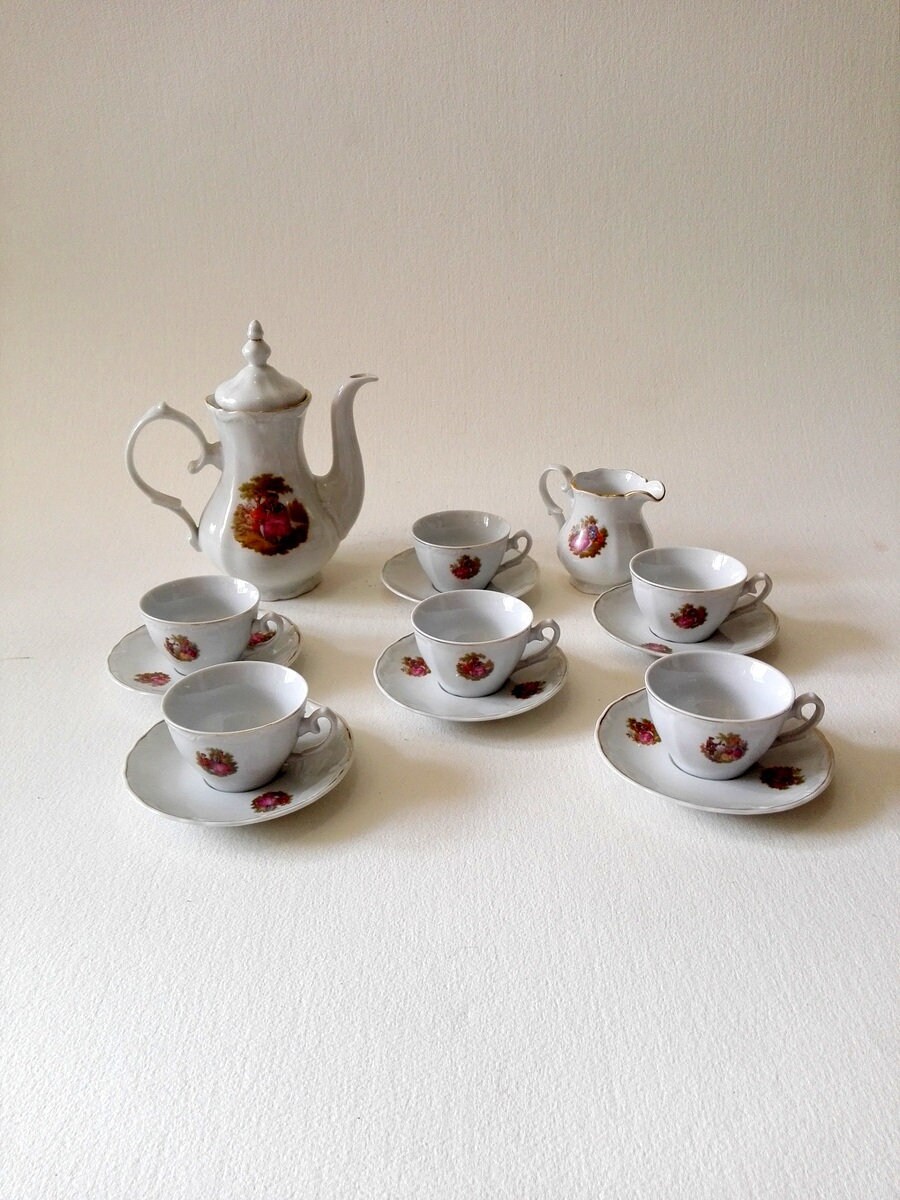 Service à Thé Vintage en Porcelaine, Scène Fragonard, Porcelaine de Roumanie, Tasses Romantiques, Vi