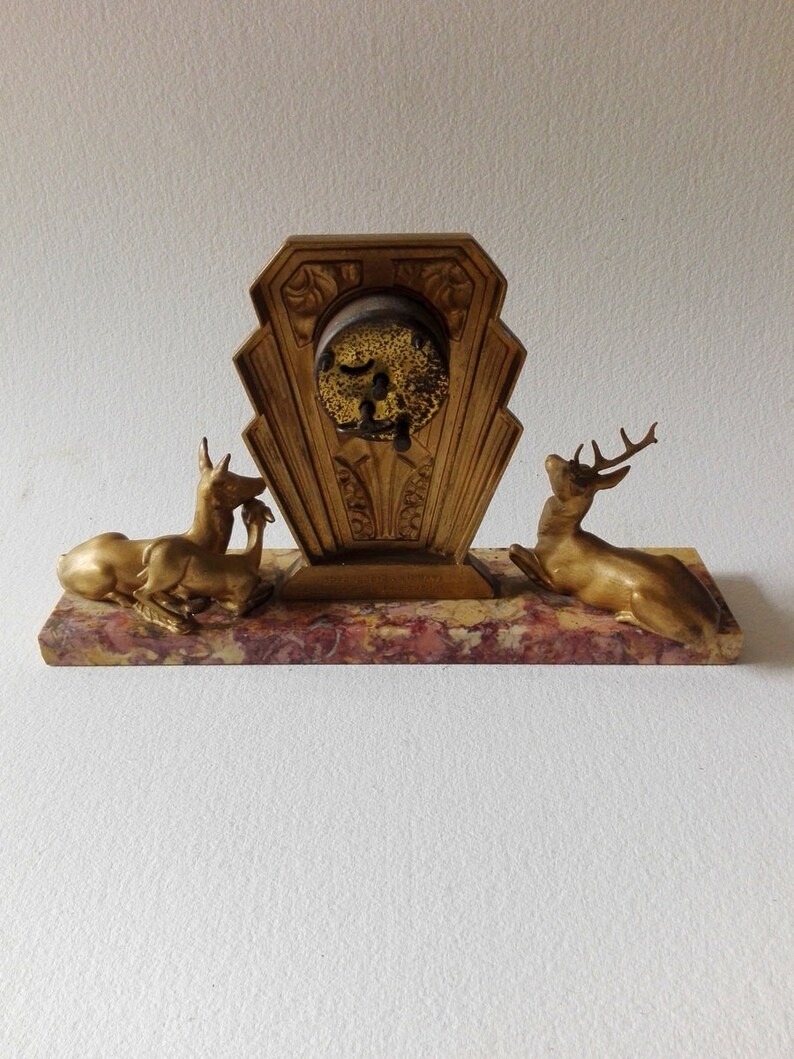 French vintage art deco clock fireplace decor, unique clock french design, mid century clock deer decor, antique clock marble art home decor image 2