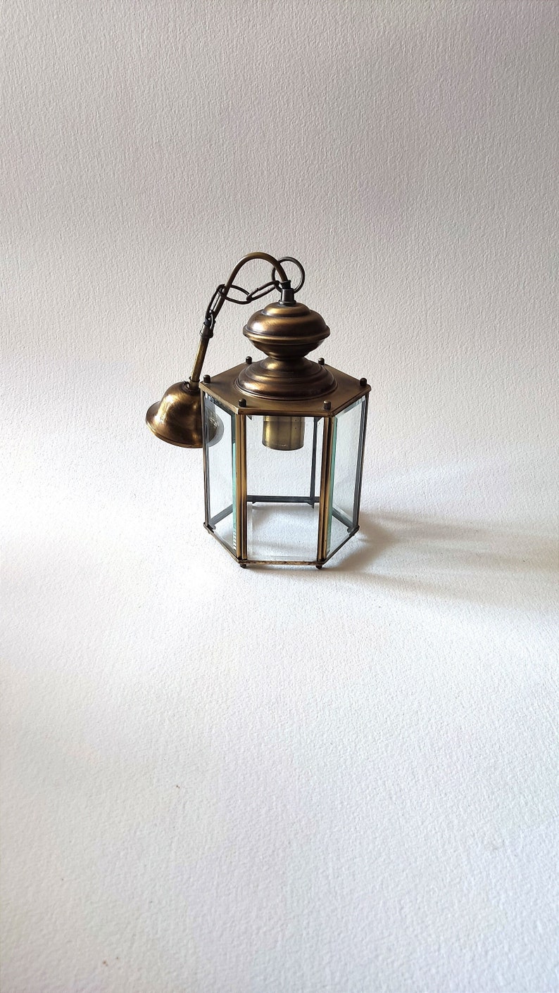 Glass faceted lantern, vintage french, ,entry decor, retro lighting zdjęcie 1