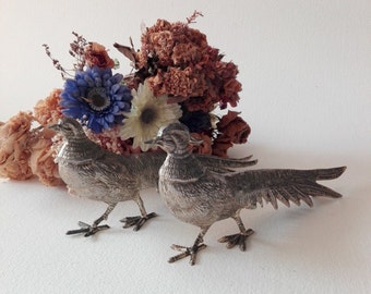 Silver plated pheasants, french vintage, centerpiece decor, bird decor, animal sculpture chic decor, Mid century french.