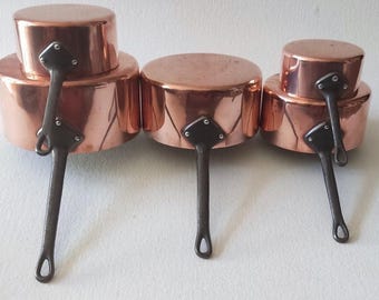 Cacerolas de cobre y aluminio, estilo francés vintage, casa de campo, cocina vintage, decoración de pared, utensilios antiguos