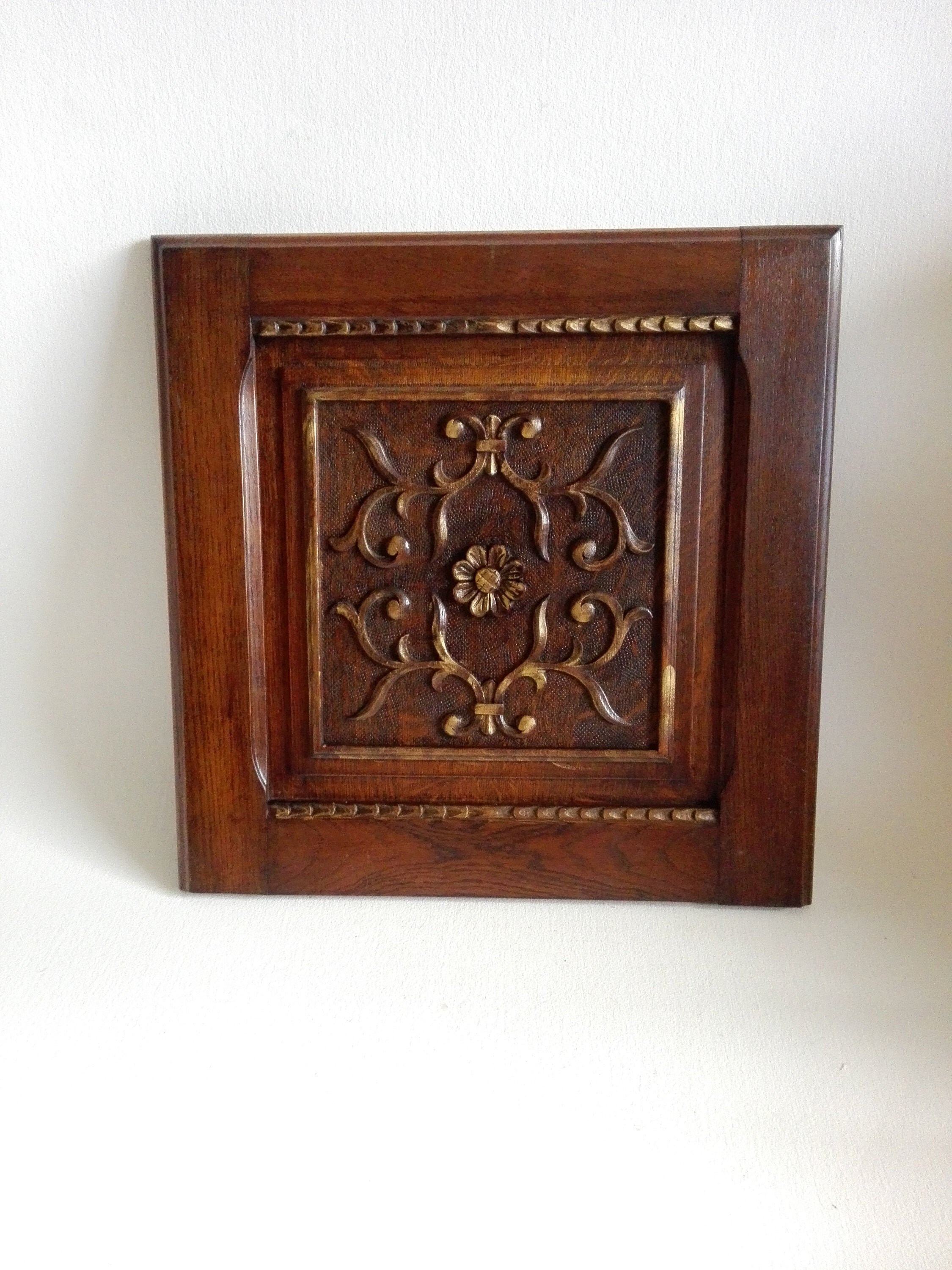 Ancien Panneau Carré Français en Chêne, Bois Sculpté Doré à La Cire, Déco Murale Vintage,