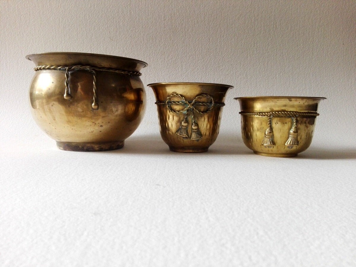 Lot de 3 Cache Pots en Cuivre Jaune Déco Lacets, Jardinière Vintage, Plantes d'intérieur, Pot à Fleu