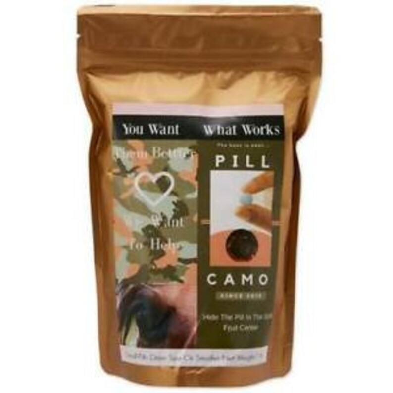 May include: A gold foil bag with a white pill inside. The bag has the words "You Want Them Better" and "What Works PILL CAMO" printed on it. The bag is for horse supplements.