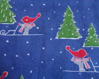 Retro Cotton Fabric piece 26"x 52" Blue Fabric with Christmas Trees & Kids