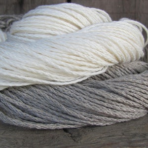 Può includere: Primo piano di tre matasse di filato in colori naturali. La matassa superiore è bianco sporco, quella centrale è grigio più chiaro e quella inferiore è grigio più scuro. Il filato sembra essere una fibra naturale, possibilmente cotone o lino.